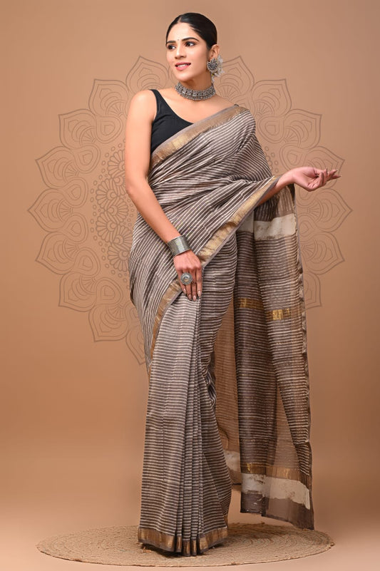 Pure Maheshwari Silk Saree Grey Hand block Printed with running blouse (Silk by Silk)-Indiehaat
