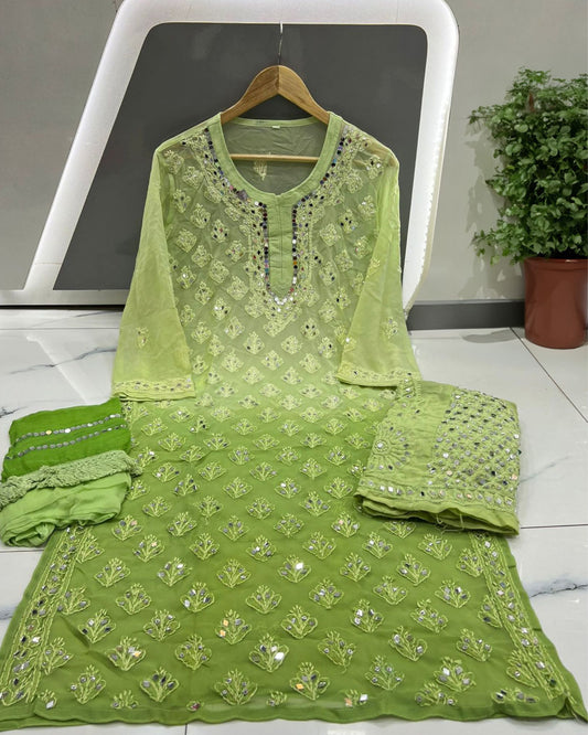 Georgette Kurti Leaf Green  Color Chikankari Ombre Mirror Work with Dupatta, Bottom and Inner - IndieHaat