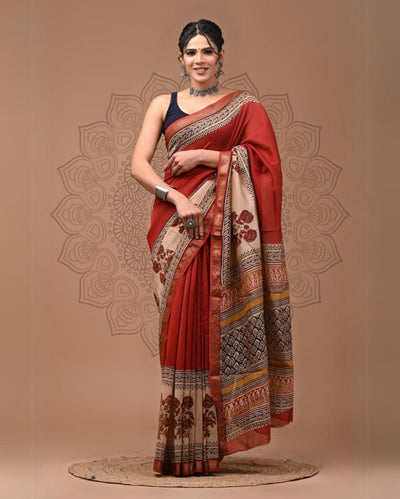 Maheshwari Silk Saree dark red Handblock Printed With running blouse (Silk by Silk)