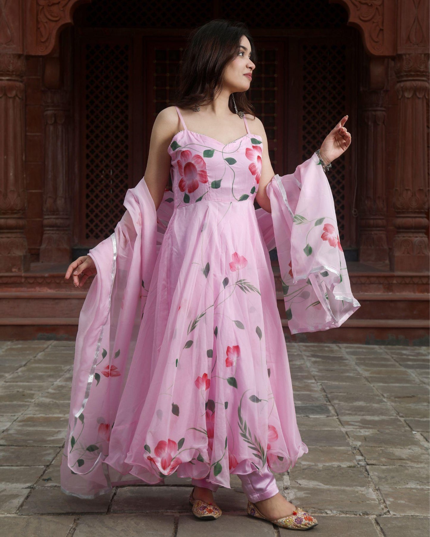 Organza Stitched Suit Pink Color Hand painted - IndieHaat