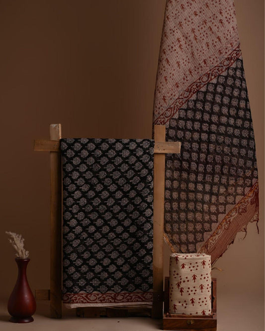 Kota Doria Suit (Top+Bottom+Dupatta) Brown Color Handblock printed - IndieHaat