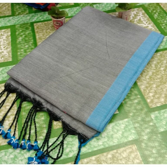 Pure Handloom Mul Cotton Grey Saree 120 Count (Without Blouse)-Indiehaat