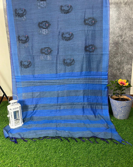IndieHaat | Basbara Tussar Silk Blue Saree Handloom Embroidered Running Blouse