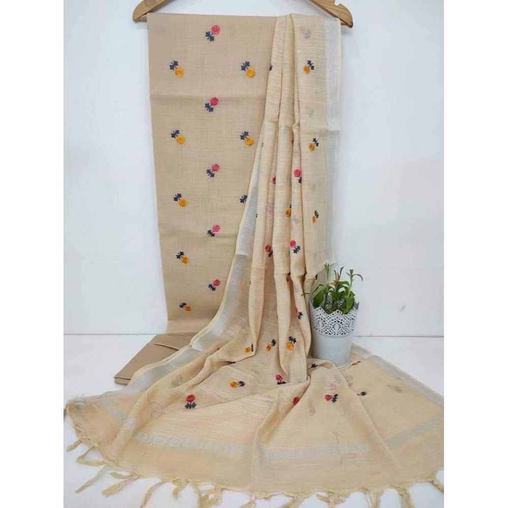 Handcrafted Katan Silk Biege Suit Piece with Bottom and Dupatta-Indiehaat