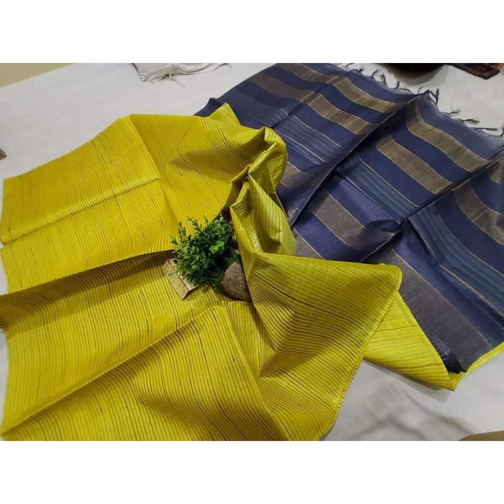 Silkmark Certifiied Eri Tussar Striped Body Saree with Pallu Colour Blouse