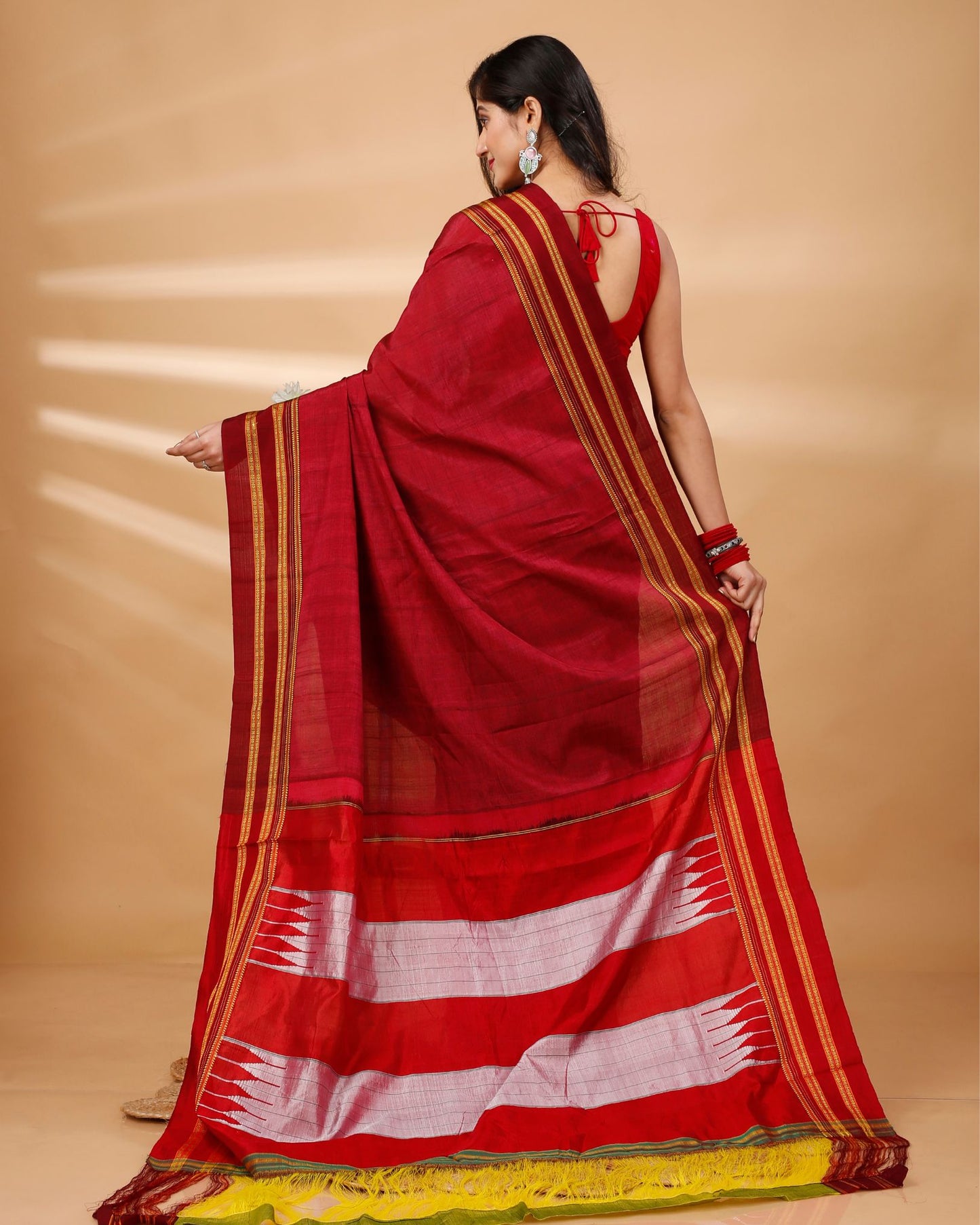 ILKAL Handloom Cotton Silk Saree Burgundy Red Color with running blouse - IndieHaat