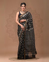 Maheshwari Silk Saree black Handblock Printed With running blouse (Silk by Silk)