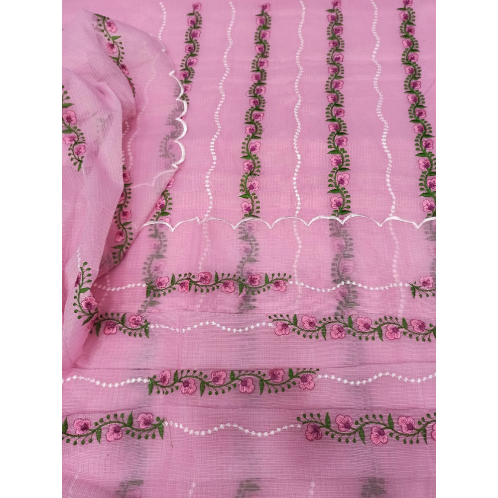 Kota Doria Pink Suit Material Embroidered and Hand Dyed with Dupatta-Indiehaat