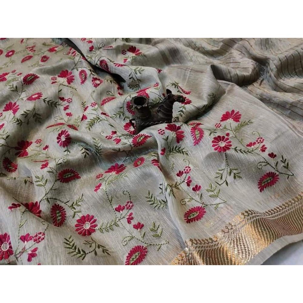 Silk Linen Digital Embroidered Handloom Grey Saree with Running Blouse-Indiehaat