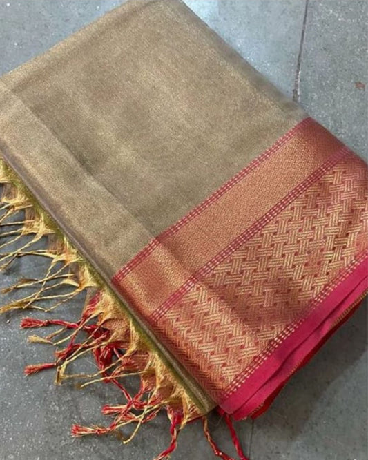 Pure Maheshwari Handwoven Tissue Silk Saree Brownish Gray Color with running blouse - IndieHaat