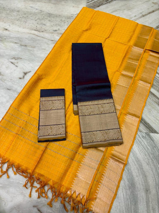 Mangalagiri Lehanga Sets Golden Orange & Dark Blue Color 300 K Kanchi Border (Lehanga+Blouse+Dupatta) - IndieHaat