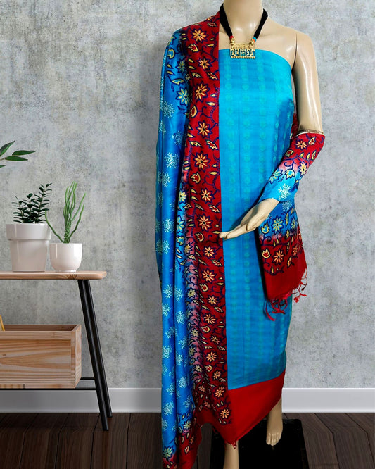 Katan Silk Suit Piece Sky Blue Color with Printed Dupatta - IndieHaat