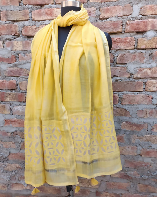 Chanderi Silk Dupatta Pastel Yellow Color Applique Work - IndieHaat