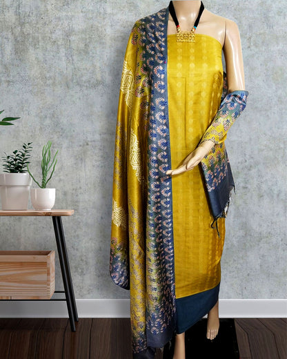 Katan Silk Suit Piece Yellow Color with Printed Dupatta - IndieHaat