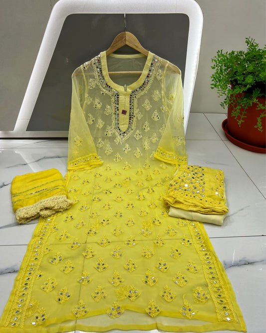 Georgette Kurti Yellow Color Chikankari Ombre Mirror Work with Dupatta, Bottom and Inner - IndieHaat