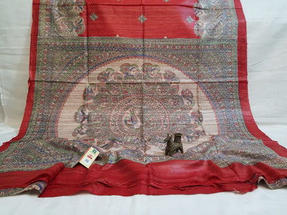 Silkmark Certified Tussar Silk Handloom Handblock Printed Red Saree with Blouse-Indiehaat