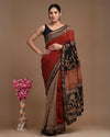 Maheshwari Silk Saree dark red Handblock Printed With running blouse (Silk by Silk)