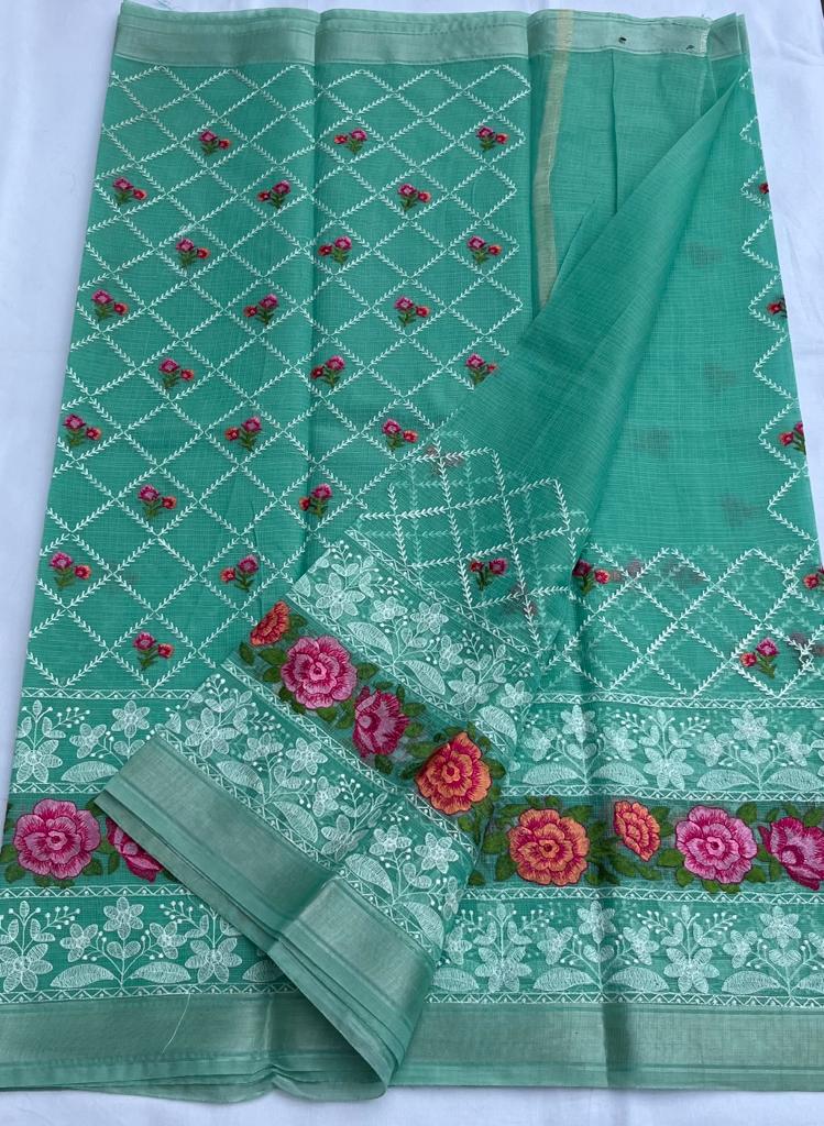 Kota Doria Embroidery Green Saree with blouse Handcrafted-Indiehaat