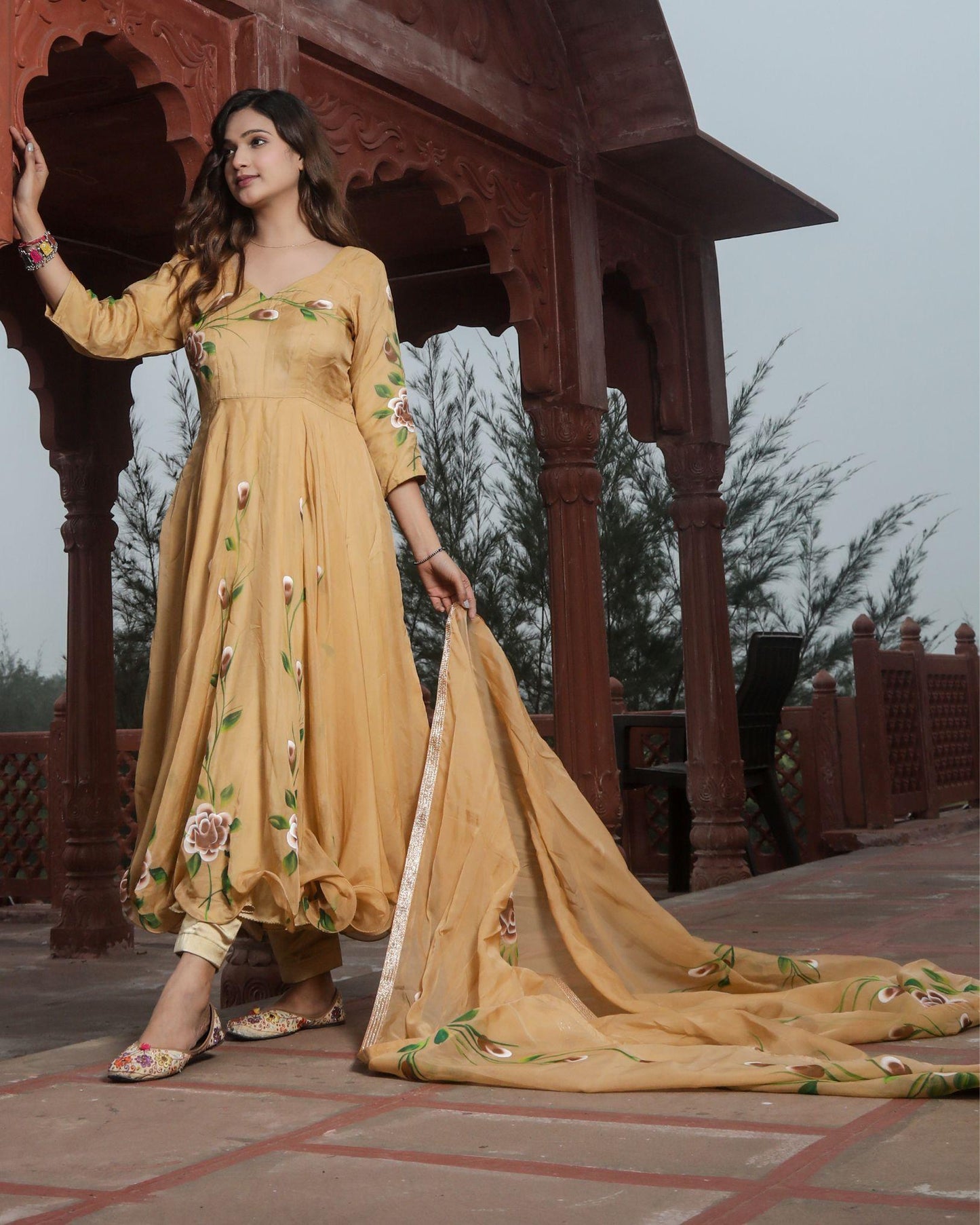Organza Stitched Suit Honey Yellow Color Hand painted - IndieHaat