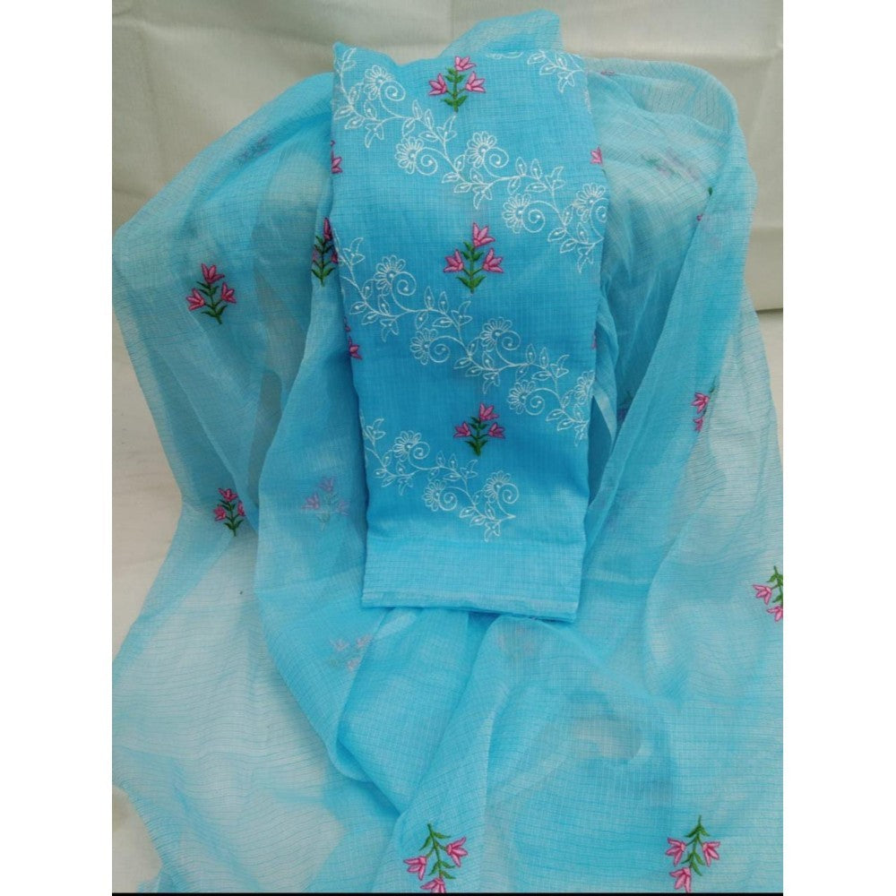 Kota Doria Blue Suit Material 2 Piece Embroidered (Only Top and Dupatta)-Indiehaat