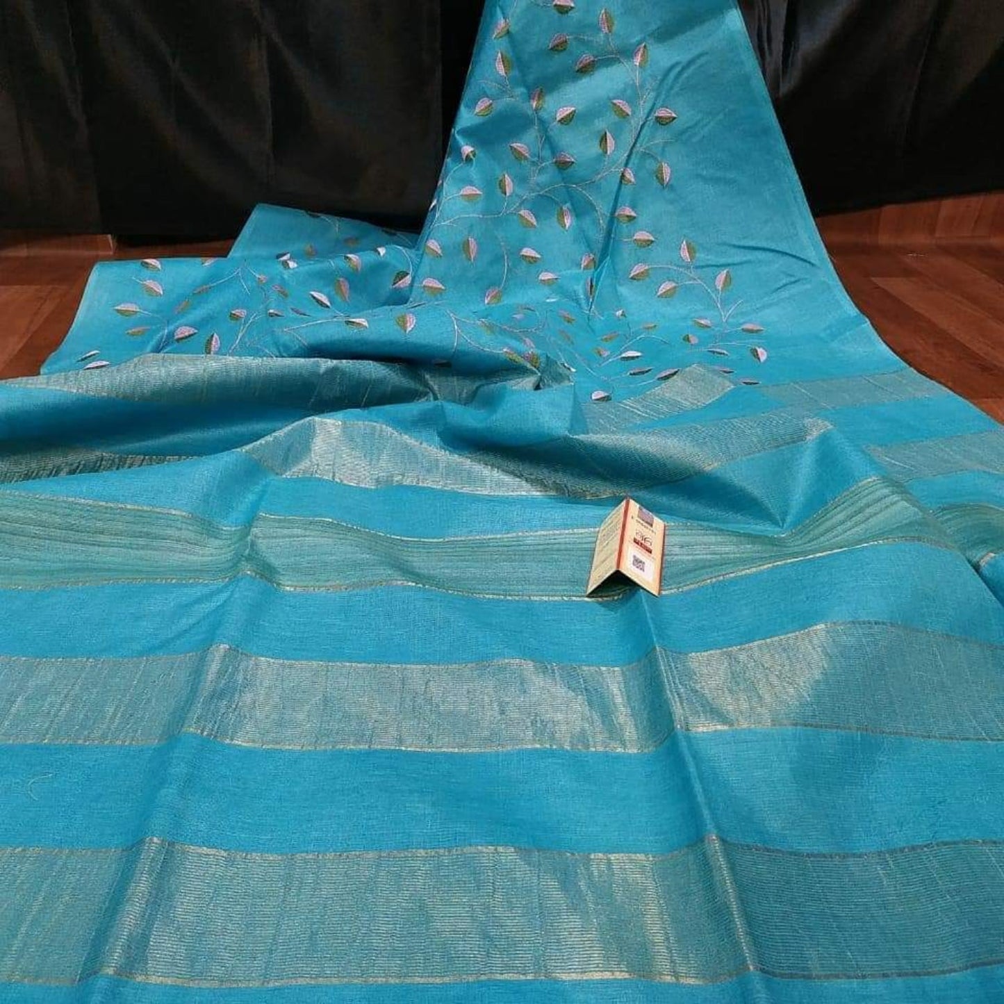 Silkmark Certified Eri Silk Digital Embroidered Blue Saree with Running Blouse-Indiehaat