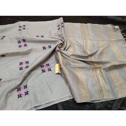 Silkmark Certified Eri Silk Embroidered Biege Saree with Running Blouse-Indiehaat