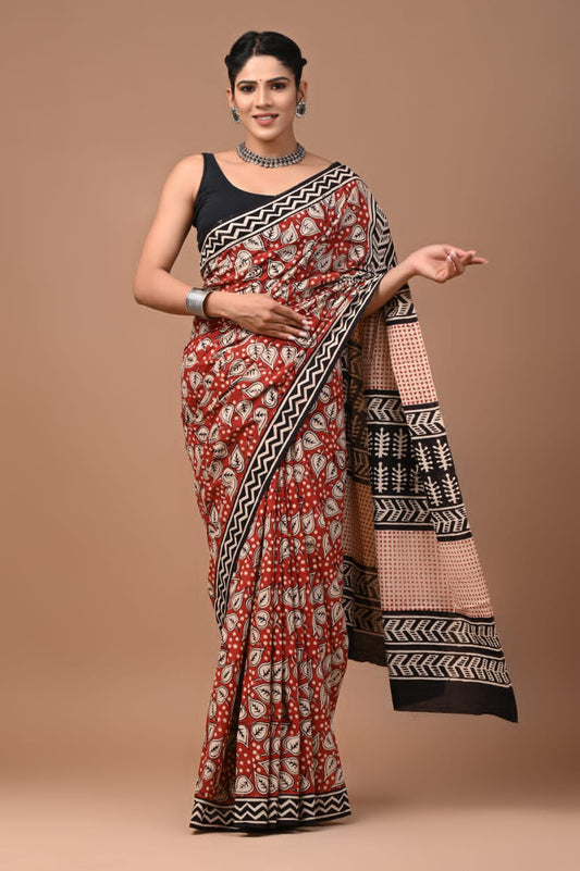 Mulmul Cotton Saree Deep Red Color Handblock Printed with running blouse - IndieHaat