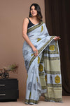 Mulmul Cotton Blockprinted Gleaming Grayish Blue Saree