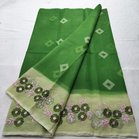 Kota Doria Saree Bandhej and Embroidery Work Green With Blouse Handcrafted-Indiehaat
