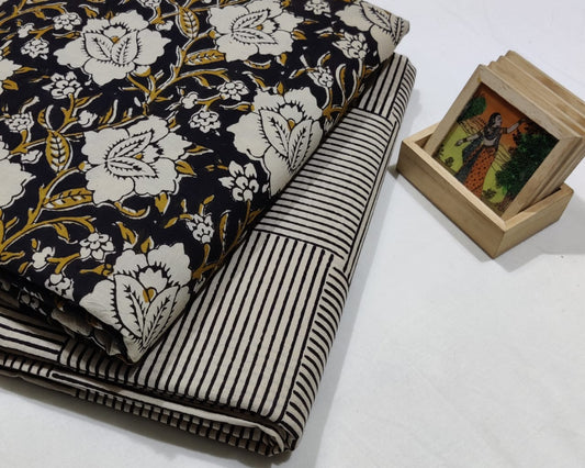 Pure Cotton Suit Set Black and Brown (Only Top and Bottom) Handblock Print - 2.5 Meter Each-Indiehaat