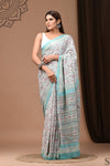 Mulmul Cotton Blockprinted Misty White Saree