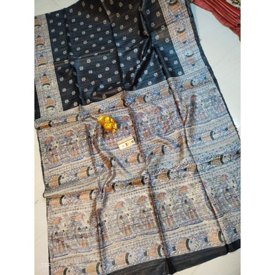 Silkmark Certified Tussar Silk Madhubani Block Print Black Saree with Blouse-Indiehaat