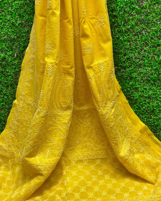 Kota Doria Saree Bright Yellow Color Chikankari work without blouse - IndieHaat