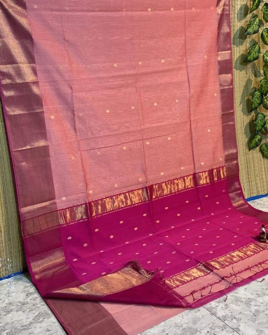 Maheshwari Handloom Handwoven Saree Light Mauve Color Double Design Zari Border with flower buti pallu and contrast blouse - IndieHaat