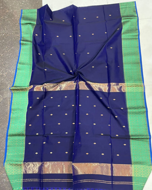 Maheshwari Handloom Silk Saree Dark Indigo Color allover hand buti work with Resham border and running blouse - IndieHaat