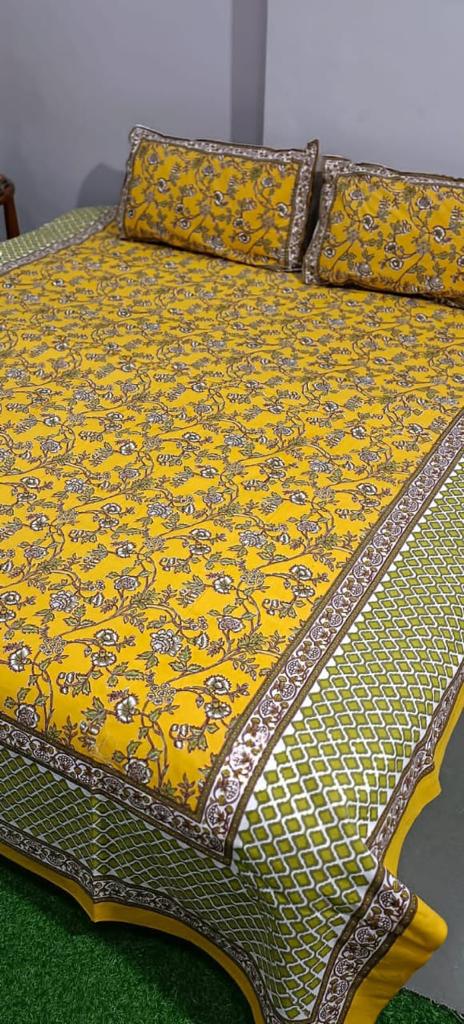 Cotton King Size Double Bedsheet (Size: 90" x 108") - IndieHaat Golden Yellow Color with 2 Pillow Cover (Size: 18" x 27") - IndieHaat