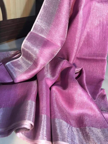 Hand Dyed Pure Tissue Linen Light Purple Color Saree With Running Blouse-Indiehaat