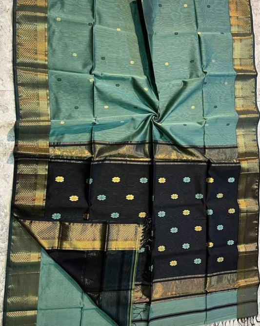 Maheshwari Handloom Handwoven Saree Teal Green Color Double Design Zari Border, flower work Buti pallu and running blouse - IndieHaat