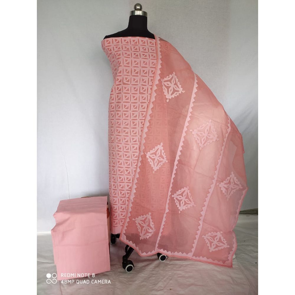 Cotton Applique work Pink Suit with Organdy Dupatta-Indiehaat