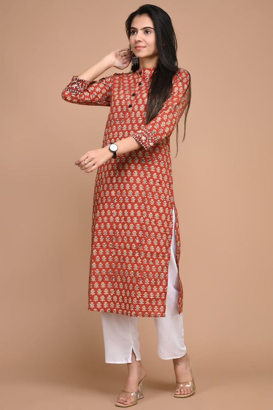 Cotton Hand Printed Kurti (Size: 38-46) Red Color (Only Kurti)-Indiehaat