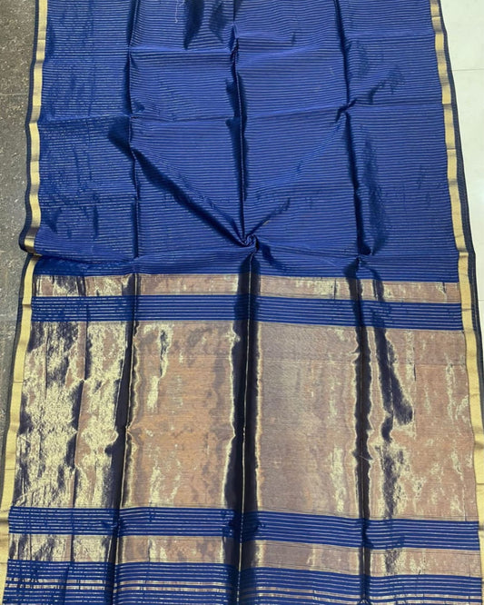 Maheshwari Handloom Silk Saree Royal Blue Color Zari Line Zari Pallu with running blouse - IndieHaat