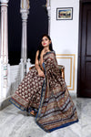 Pure Maheshwari Brown Silk Saree Hand Block Printed With Running Blouse (Silk By Silk)-Indiehaat