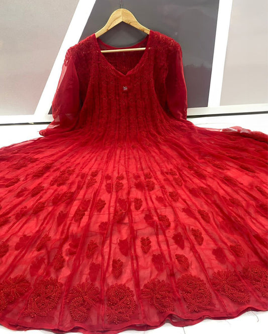 Georgette Anarkali Gown (56 kali) Crimson Red Color Chikankari work with inner - IndieHaat