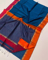 Pure Maheshwari Handloom Handwoven Silk Saree Dark Blue Color Zari Border with running blouse - IndieHaat