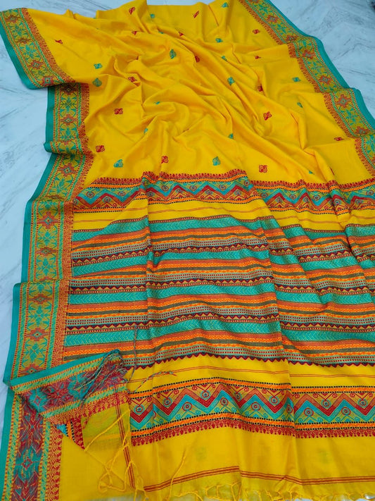 IndieHaat|Cotton Saree Striped Pallu Yellow 10% Off