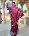 Cotton Linen Batik Print Saree Dark Red Color with running blouse - IndieHaat