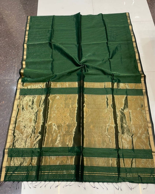 Maheshwari Handloom Silk Saree Dark Green Color Zari Line Zari Pallu with running blouse - IndieHaat