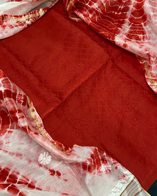 Pure Chanderi Silk Kurti Dark Red Color with heavy Chikankari work Dupatta - IndieHaat