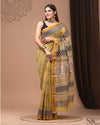 Pure Maheshwari Silk Saree Yellow Handblock Printed with running blouse