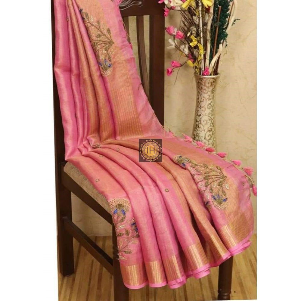 Handdyed Pure Tissue Linen Hand Embroidered Saree With Running Blouse